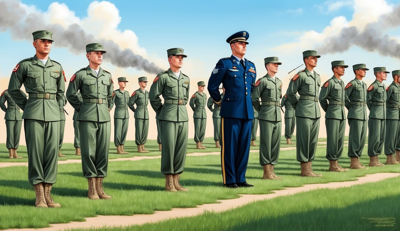 A group of military recruits in uniform stand in formation while a drill instructor leads them through rigorous training exercises