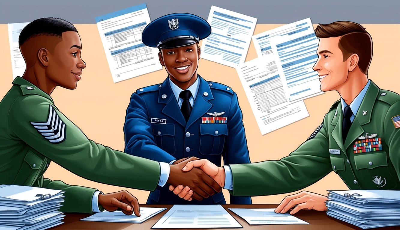 A military recruitment officer shaking hands with a new recruit, surrounded by paperwork and official documents