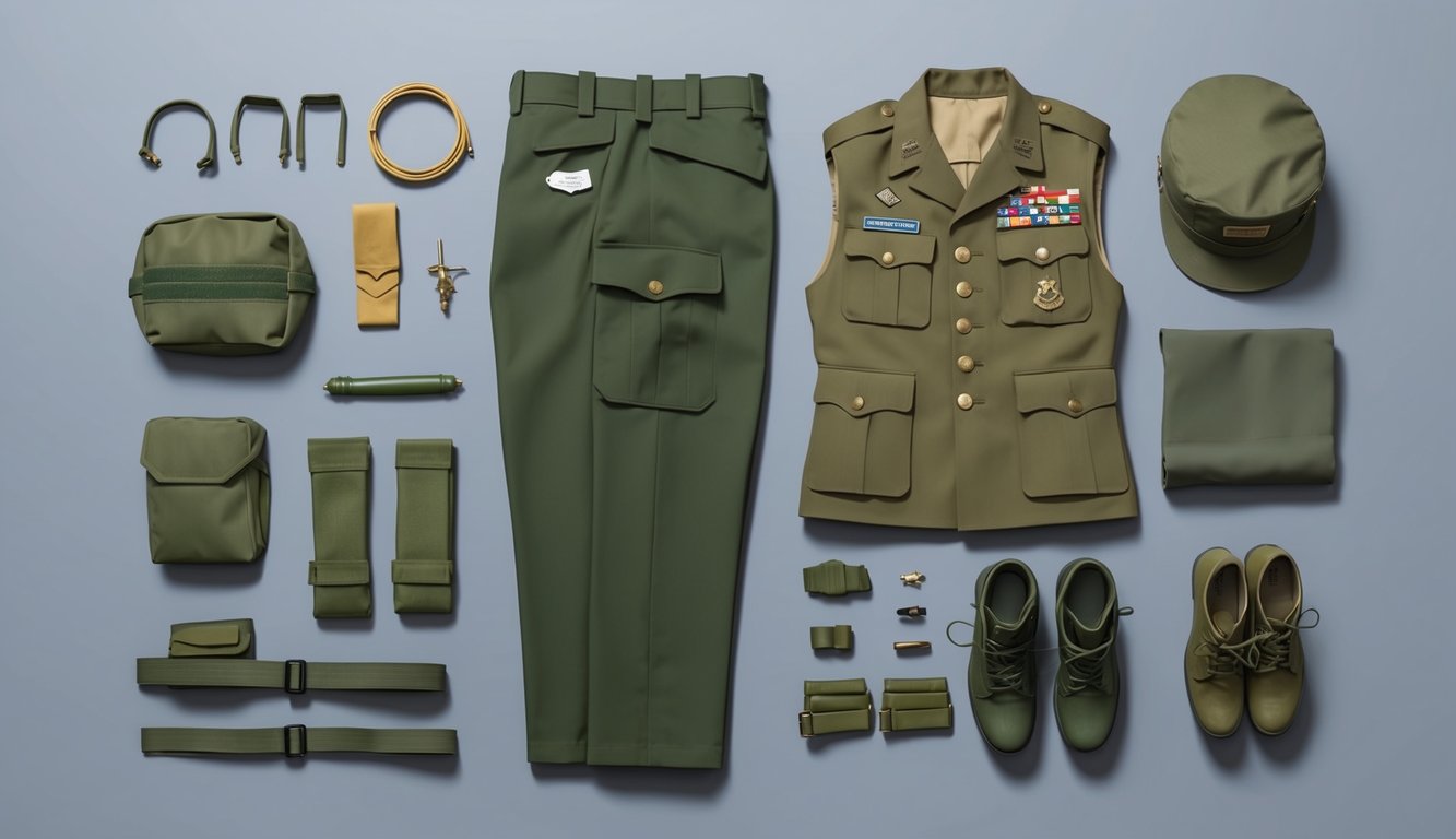 An army uniform laid out neatly on a flat surface, with all the required components as per AR 670-1 regulations