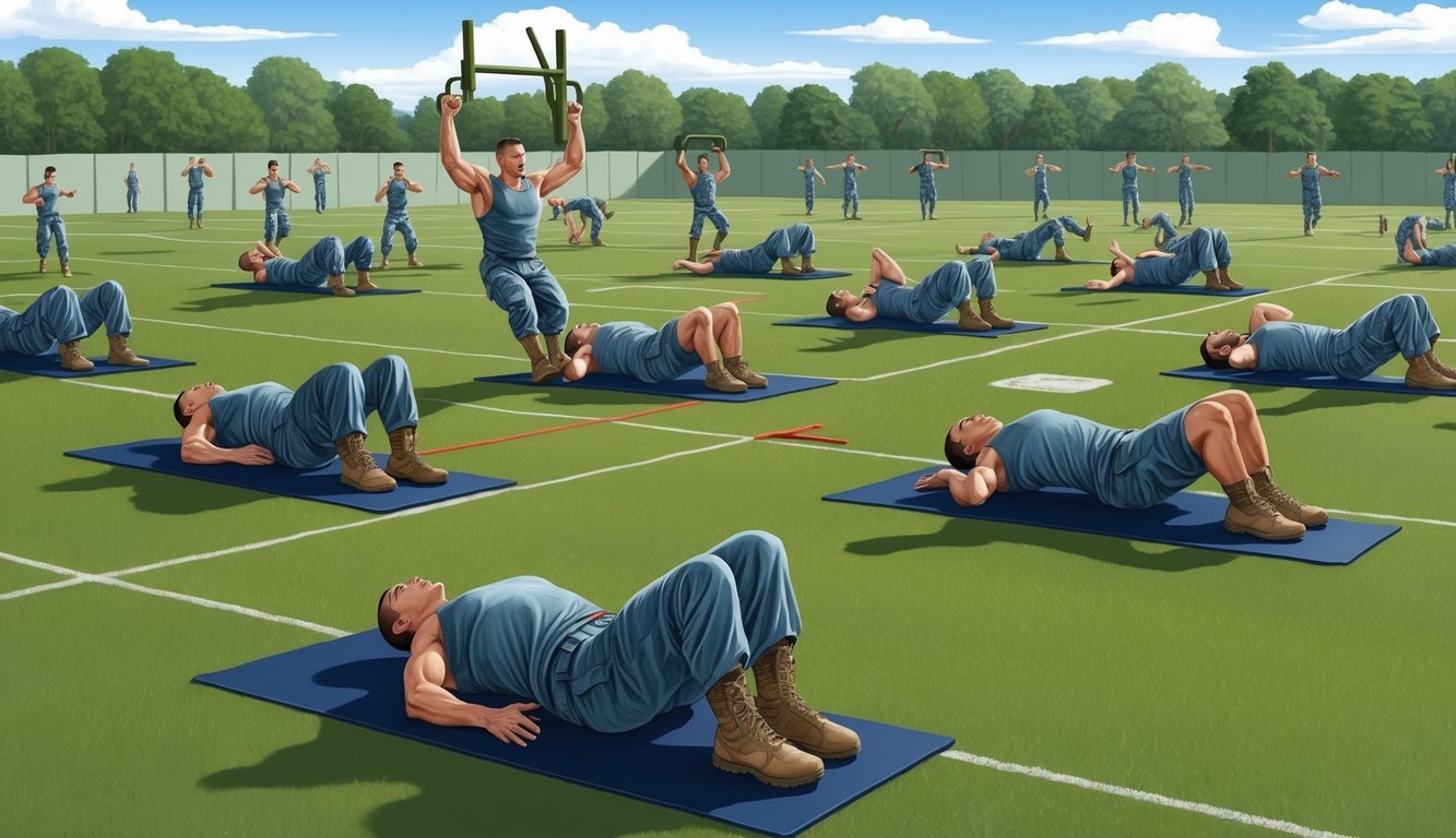 Soldiers performing various physical training exercises on a military base field