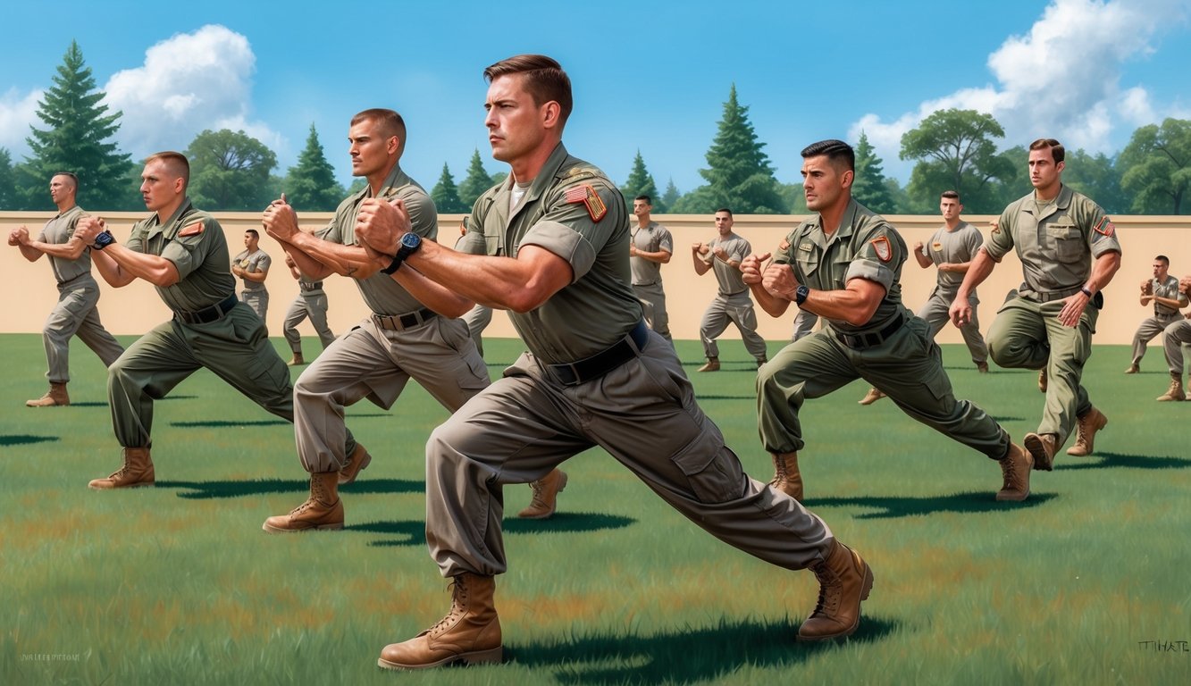 A group of soldiers performing physical training exercises in a military setting