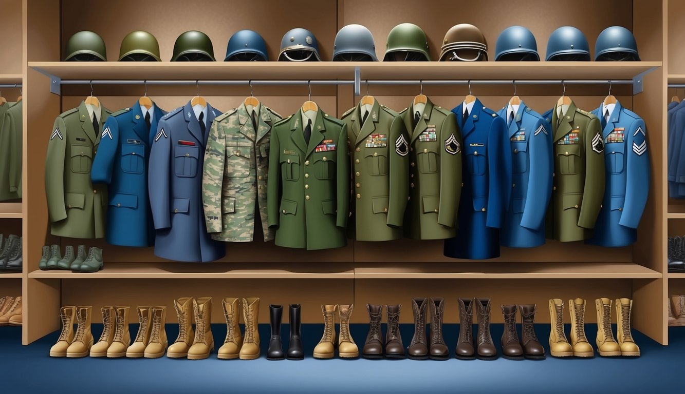 A group of military uniforms and gear arranged neatly in a barracks, with boots lined up and helmets displayed on shelves