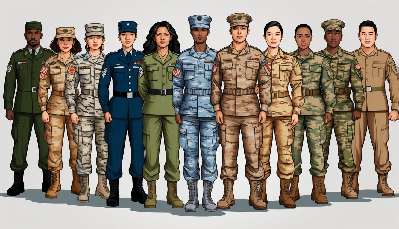 A diverse group of military uniforms representing various ethnicities and genders standing together in unity