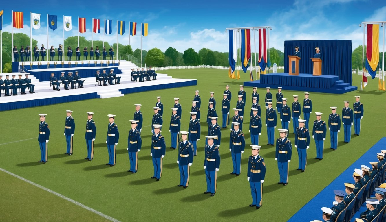 Soldiers in uniform stand in formation on a parade ground, surrounded by flags and banners.</p><p>A stage is set up for the graduation ceremony, with a podium and seating for dignitaries