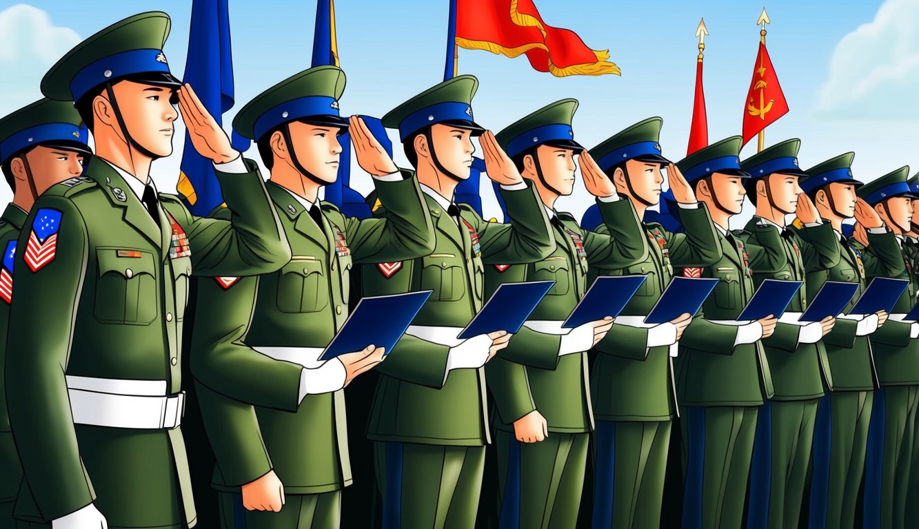 Soldiers in uniform stand in formation, saluting as they receive their graduation certificates.</p><p>Flags and military symbols decorate the ceremony