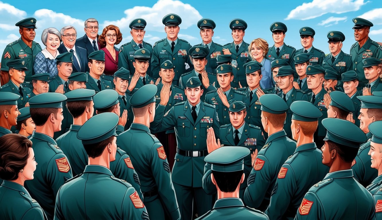 A group of trainees in uniform gather for a basic training graduation ceremony, surrounded by proud family members and instructors