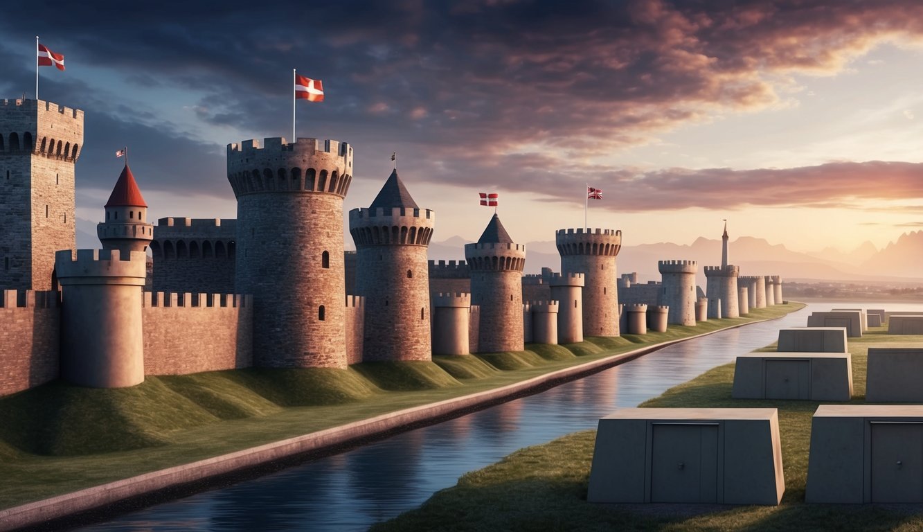 A row of ancient castles and modern bunkers against a dramatic skyline