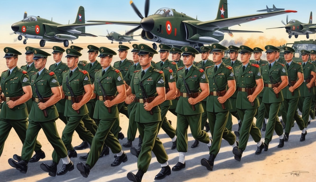 Soldiers in uniform marching in formation, with military vehicles and aircraft in the background