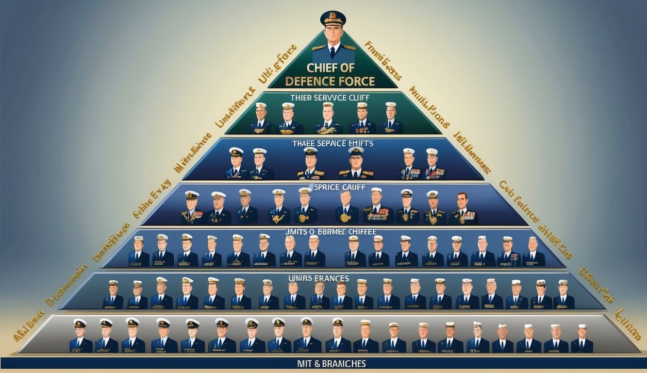 A hierarchical pyramid with the Chief of Defence Force at the top, followed by the three service chiefs, and then various units and branches below