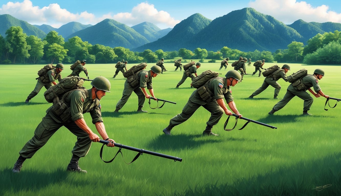 A group of soldiers undergo rigorous training exercises on a lush green field with mountains in the background