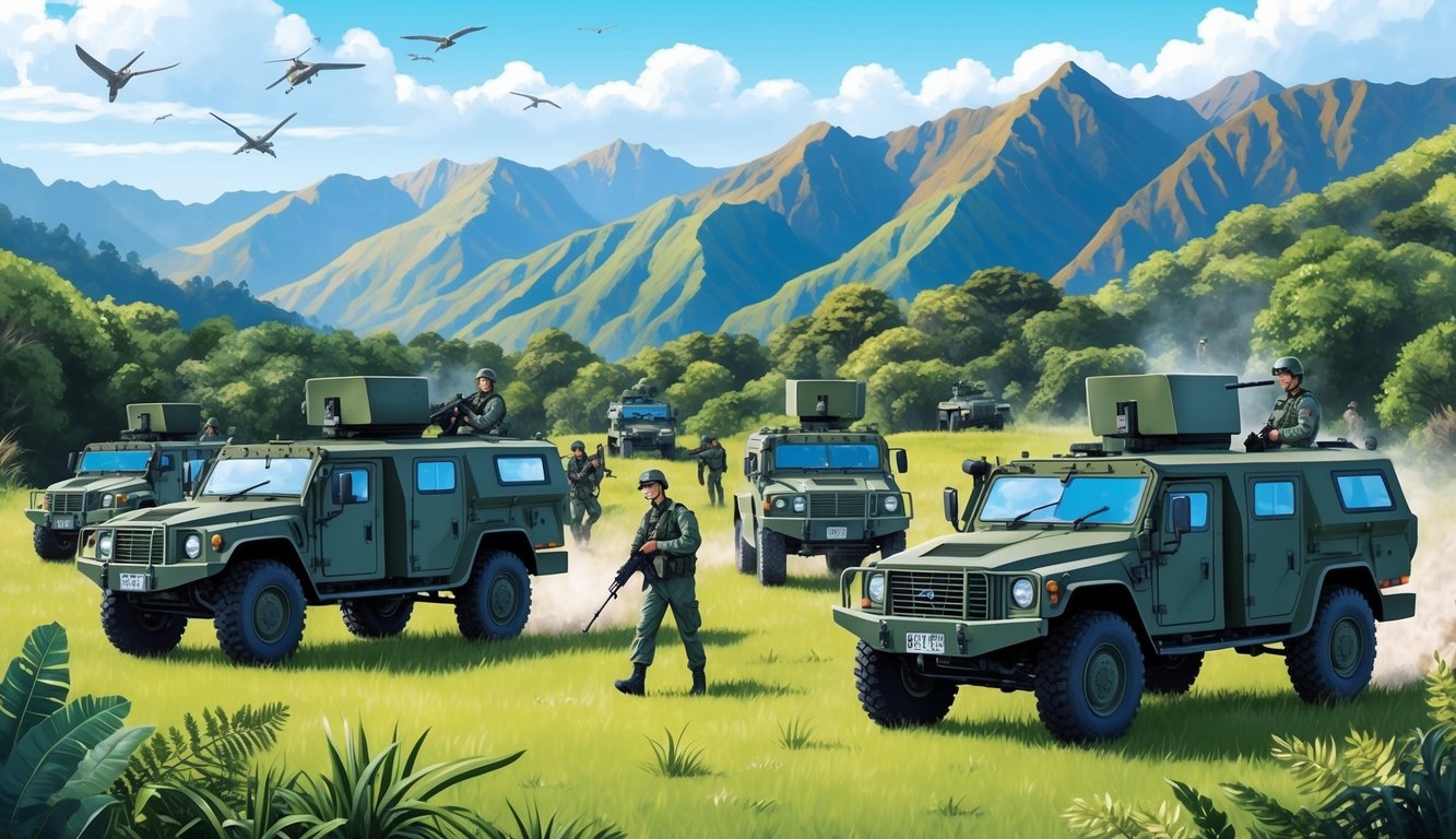 A group of military vehicles and personnel conducting a security operation in a lush, mountainous landscape in New Zealand