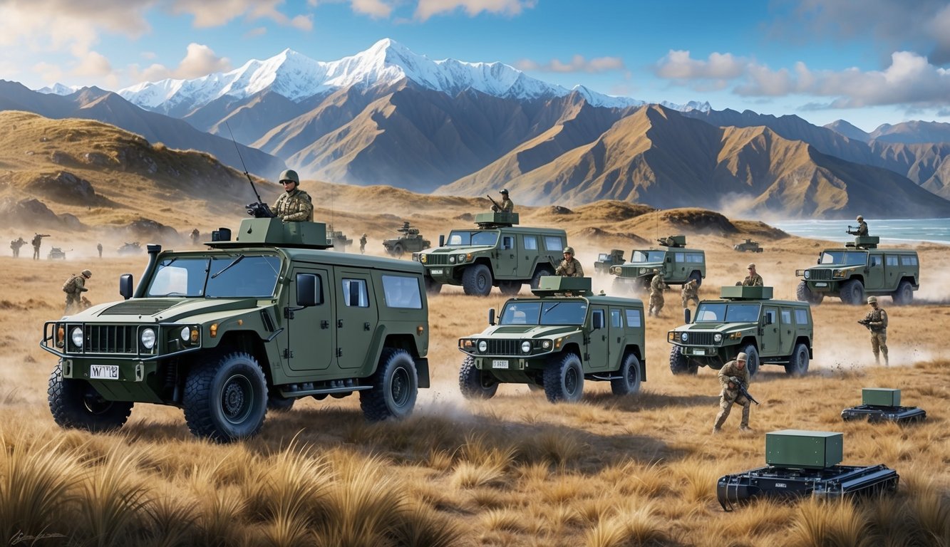 A group of military vehicles and personnel training in a rugged New Zealand landscape, with modern equipment and technology on display