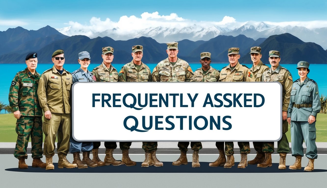 A group of military personnel standing in front of a large sign labeled "Frequently Asked Questions" in New Zealand