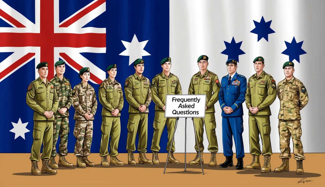 A group of military personnel standing in front of a large Australian flag, with a sign reading "Frequently Asked Questions" nearby