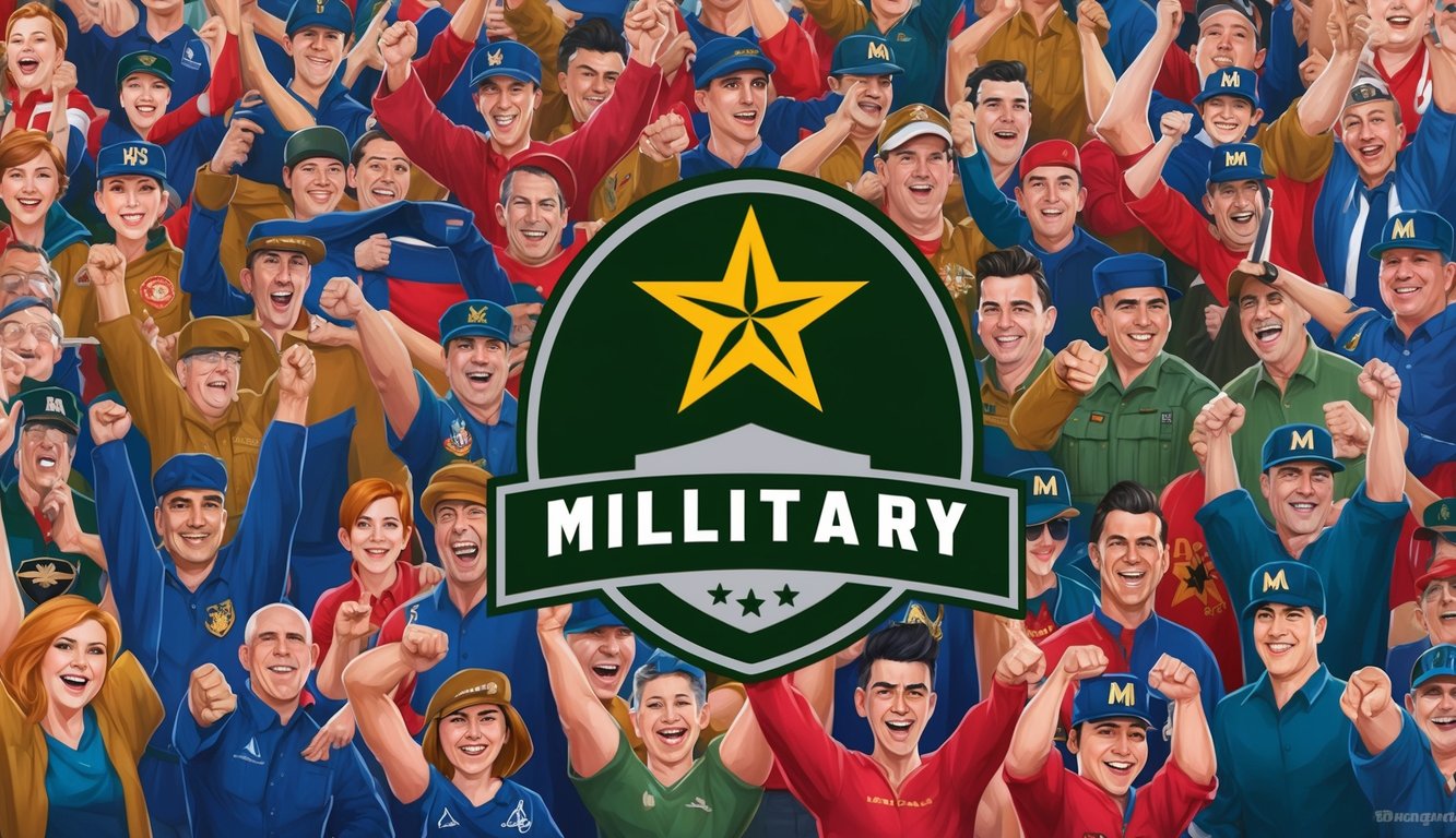 A military-themed brand logo surrounded by enthusiastic fans