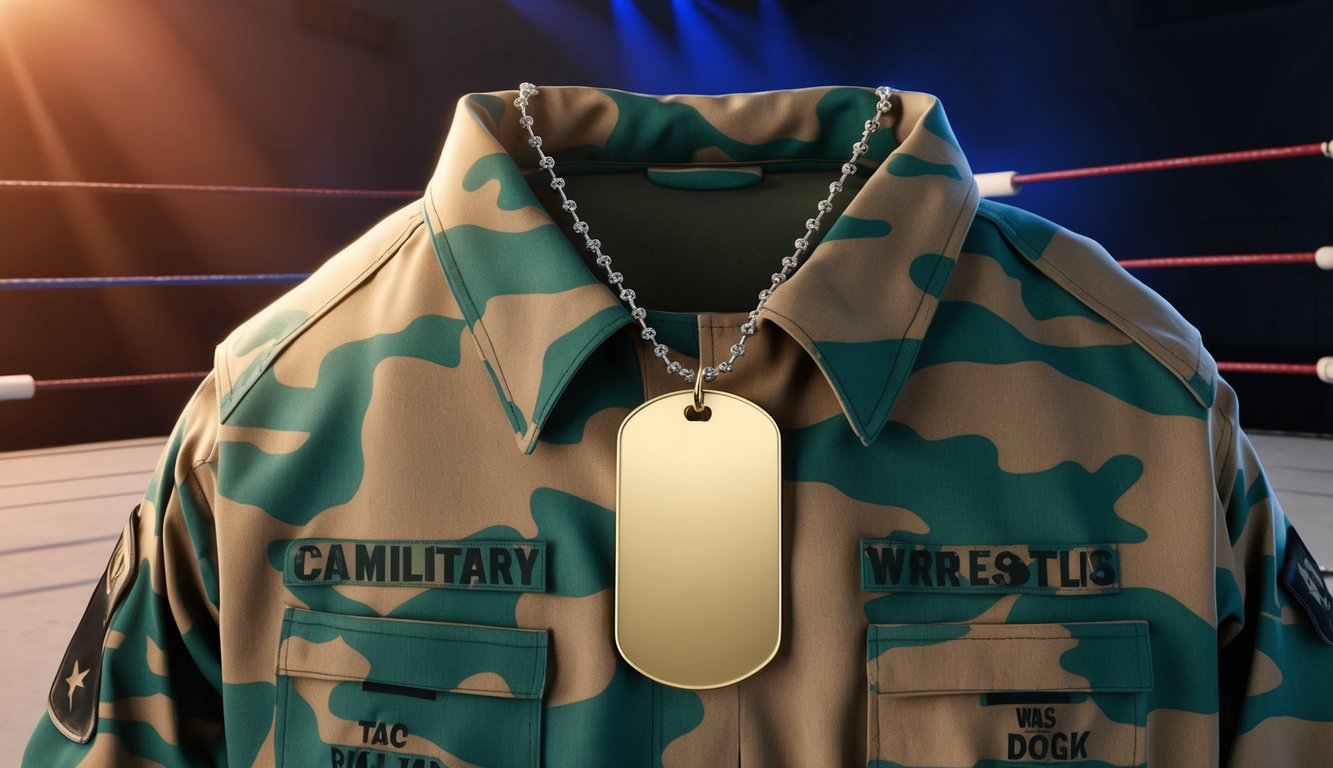 A military dog tag and camouflage uniform on a wrestling ring