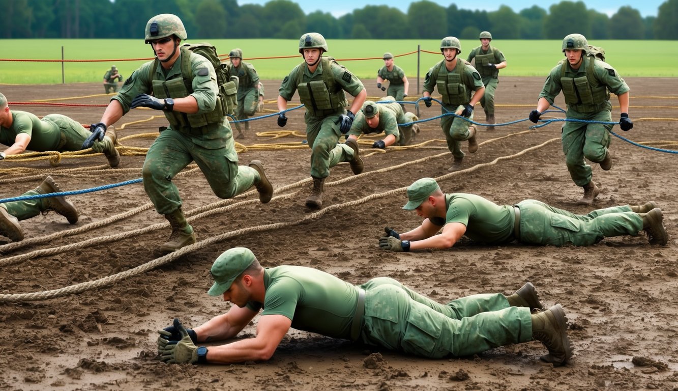 Soldiers running obstacle course, climbing ropes, and doing push-ups in a muddy training field