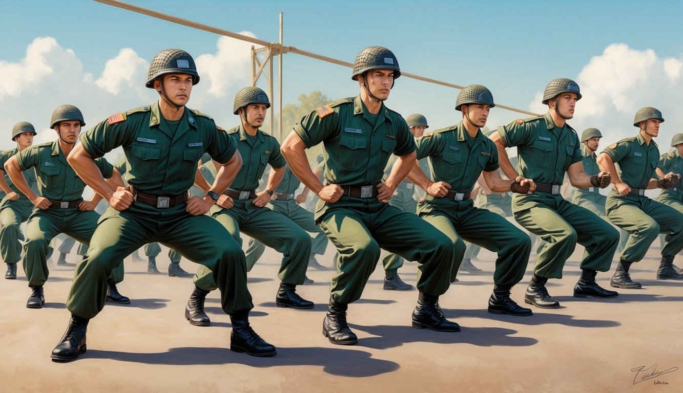 A group of soldiers in uniform undergo intense physical training under the watchful eye of a drill instructor