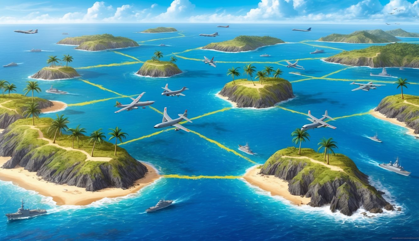 A series of tropical islands connected by a network of blue ocean, with palm trees, beaches, and rocky cliffs.</p><p>Warplanes and ships dot the waters and skies