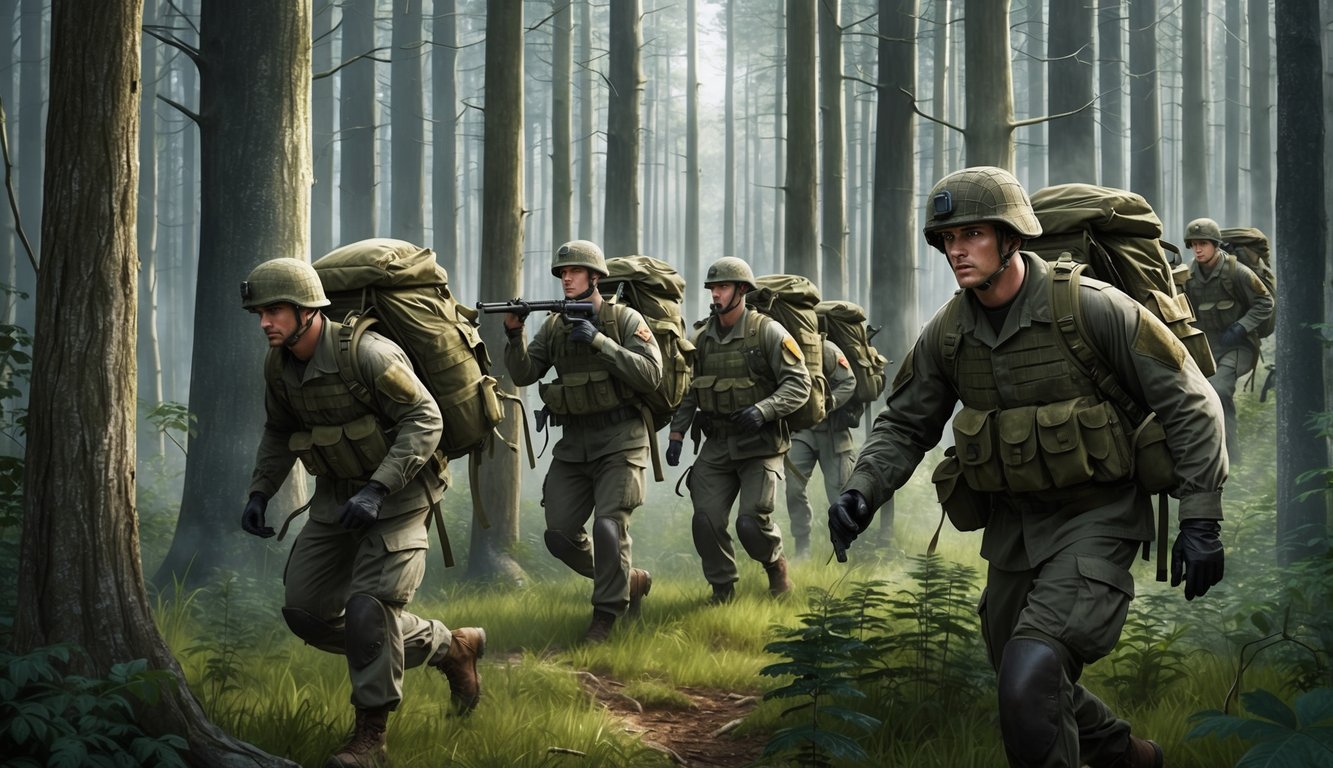 A group of soldiers navigating through a dense forest, using survival skills to find their way while carrying heavy military backpacks