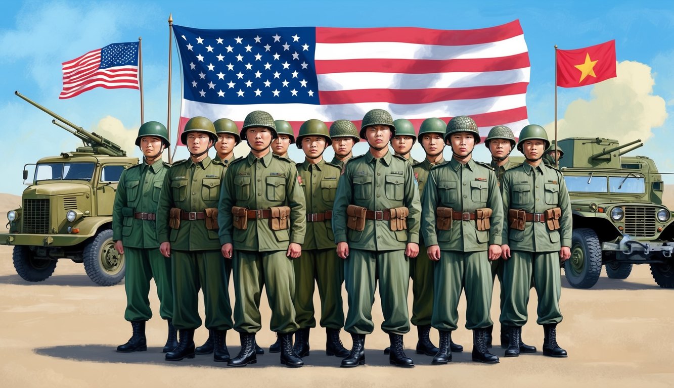 A group of soldiers in uniform, standing in front of an American flag, with a mix of Korean and Vietnam War era equipment and vehicles in the background