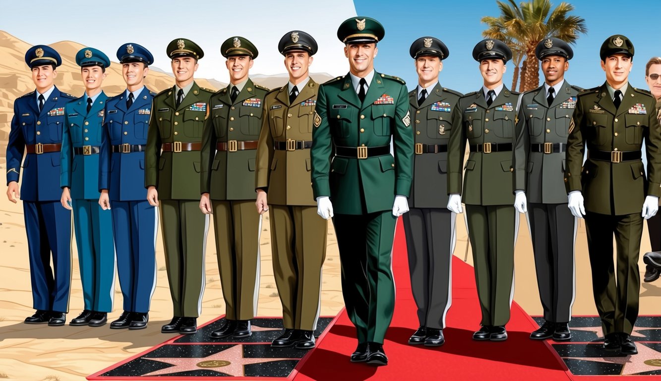 Celebrities in military uniforms lined up on the Hollywood Walk of Fame, transitioning from a desert battlefield to red carpet glamour