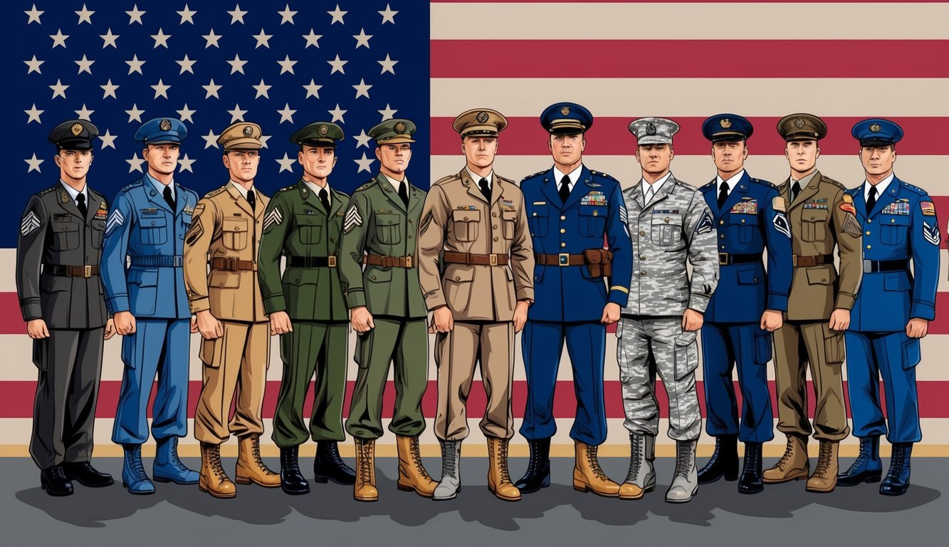 A group of 12 iconic symbols representing different branches of the US military, each with a distinct uniform and pose, standing in front of a backdrop of the American flag