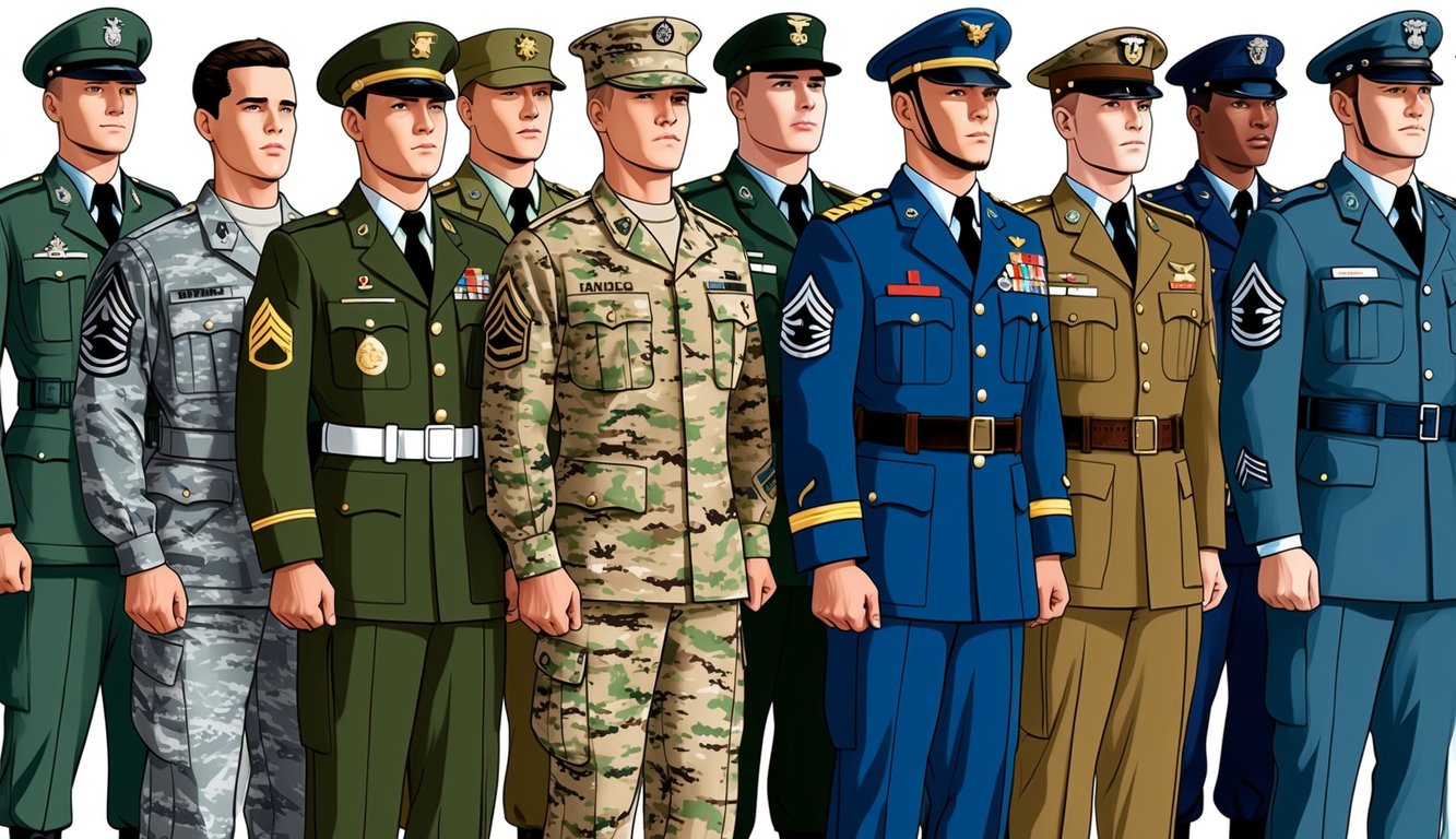 A group of soldiers from different branches of the military stand together in formation, each wearing their distinctive uniforms and insignia