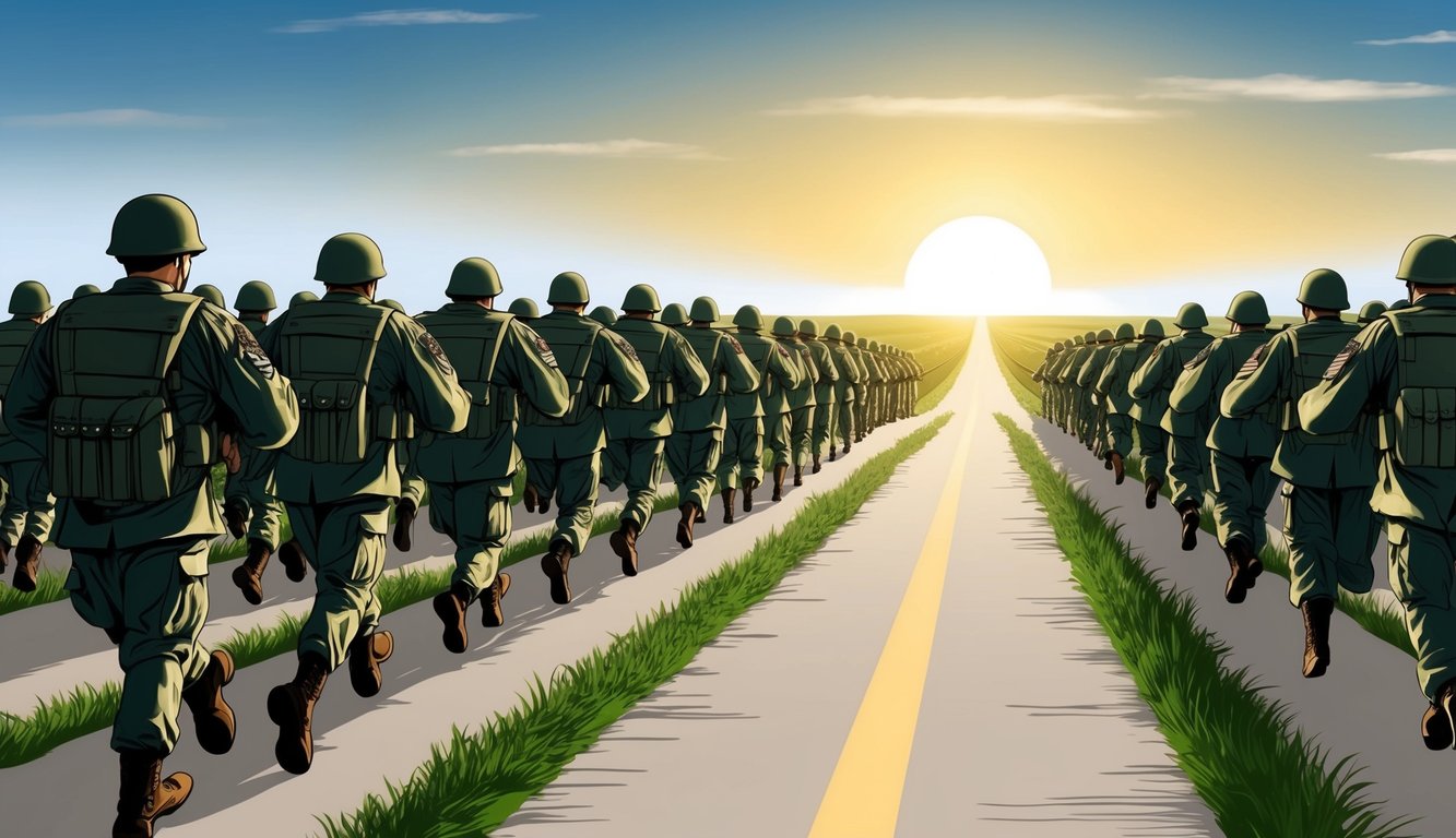 A line of soldiers marches in formation, with a clear path leading to a distant horizon where the sun is rising, symbolizing career opportunities and progression in the army