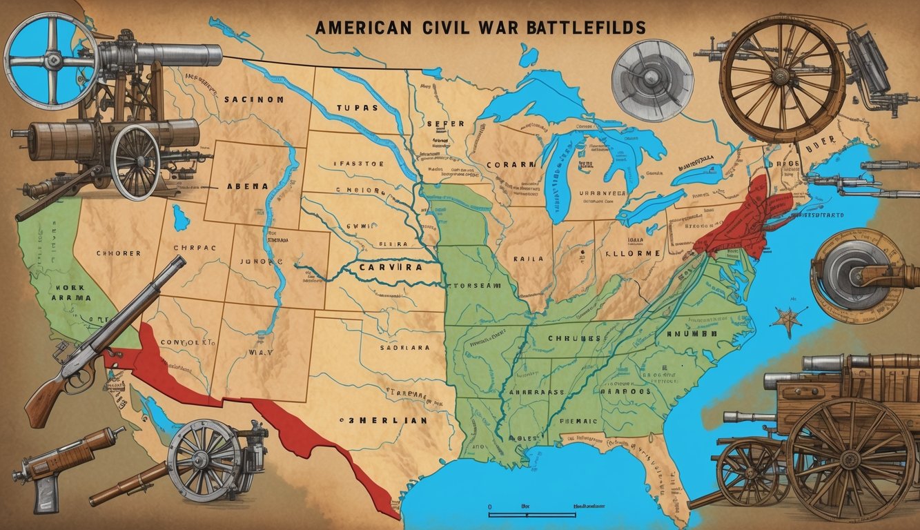 A map of the American Civil War battlefields surrounded by various technological advancements used during the conflict