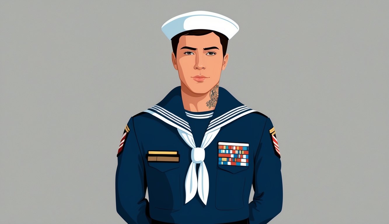 A sailor in uniform with a visible navy tattoo stands at attention, adhering to appearance standards