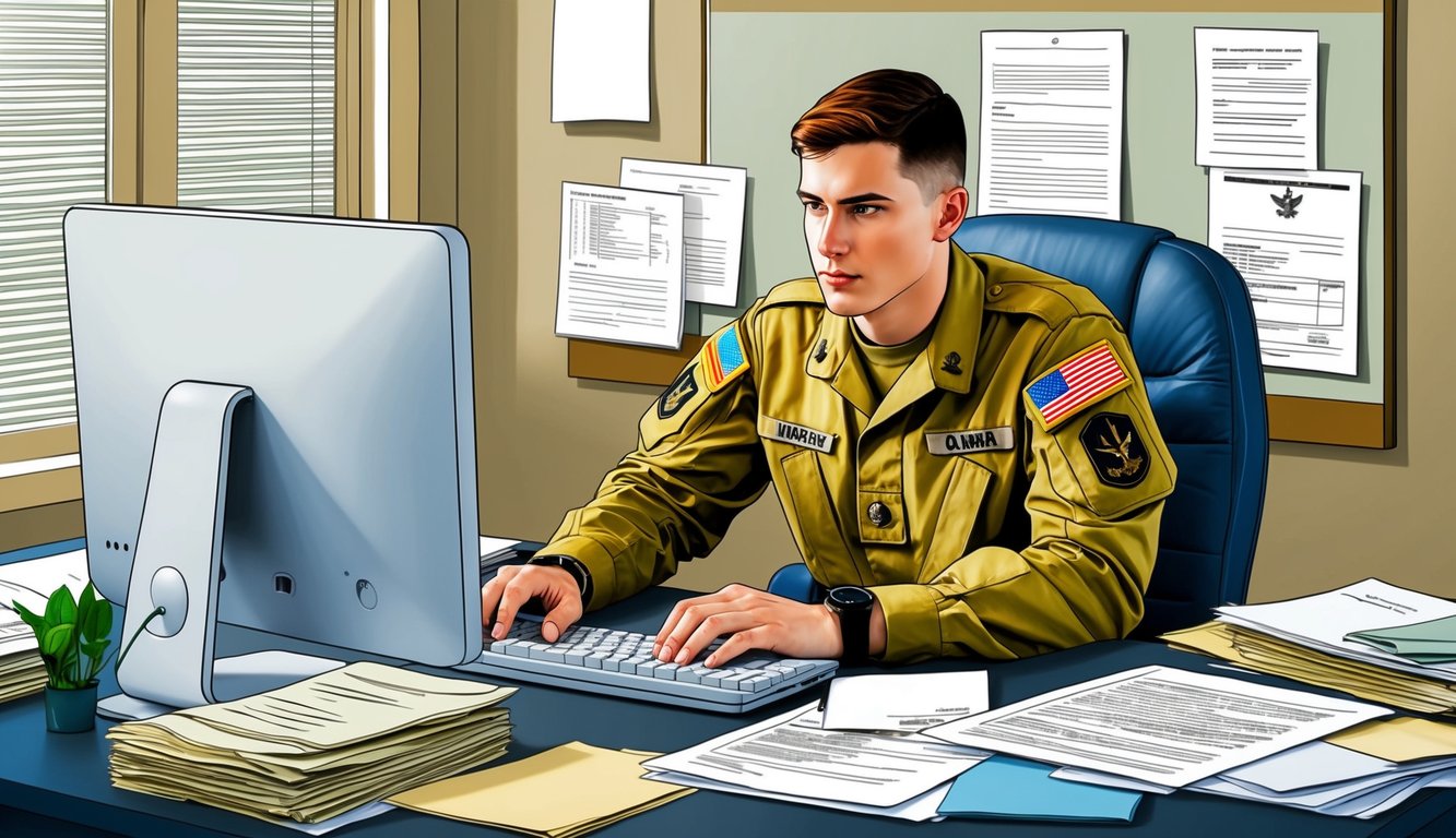 A soldier at a desk, typing on a computer, surrounded by papers and military documents