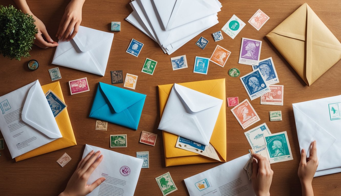 A table with scattered papers, envelopes, and stamps