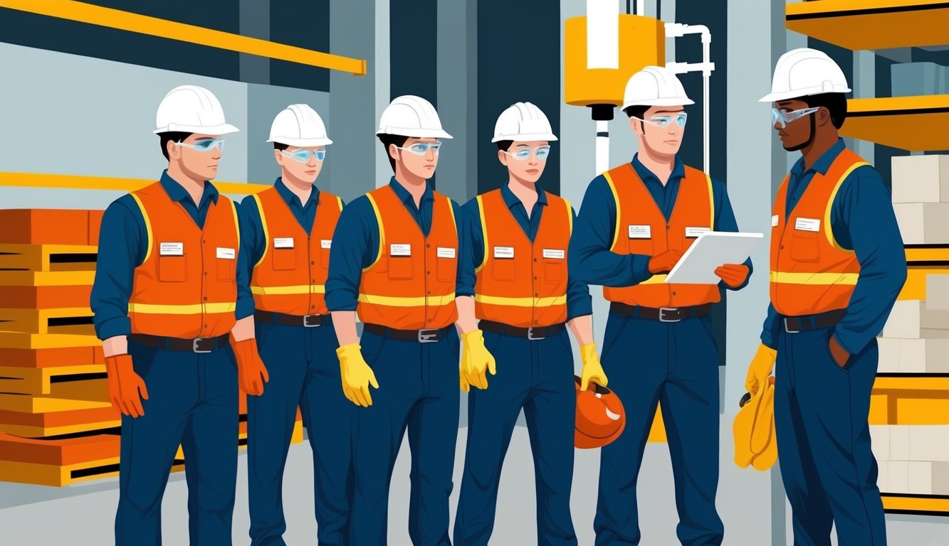 A group of workers in uniform following safety and compliance protocols in a factory setting