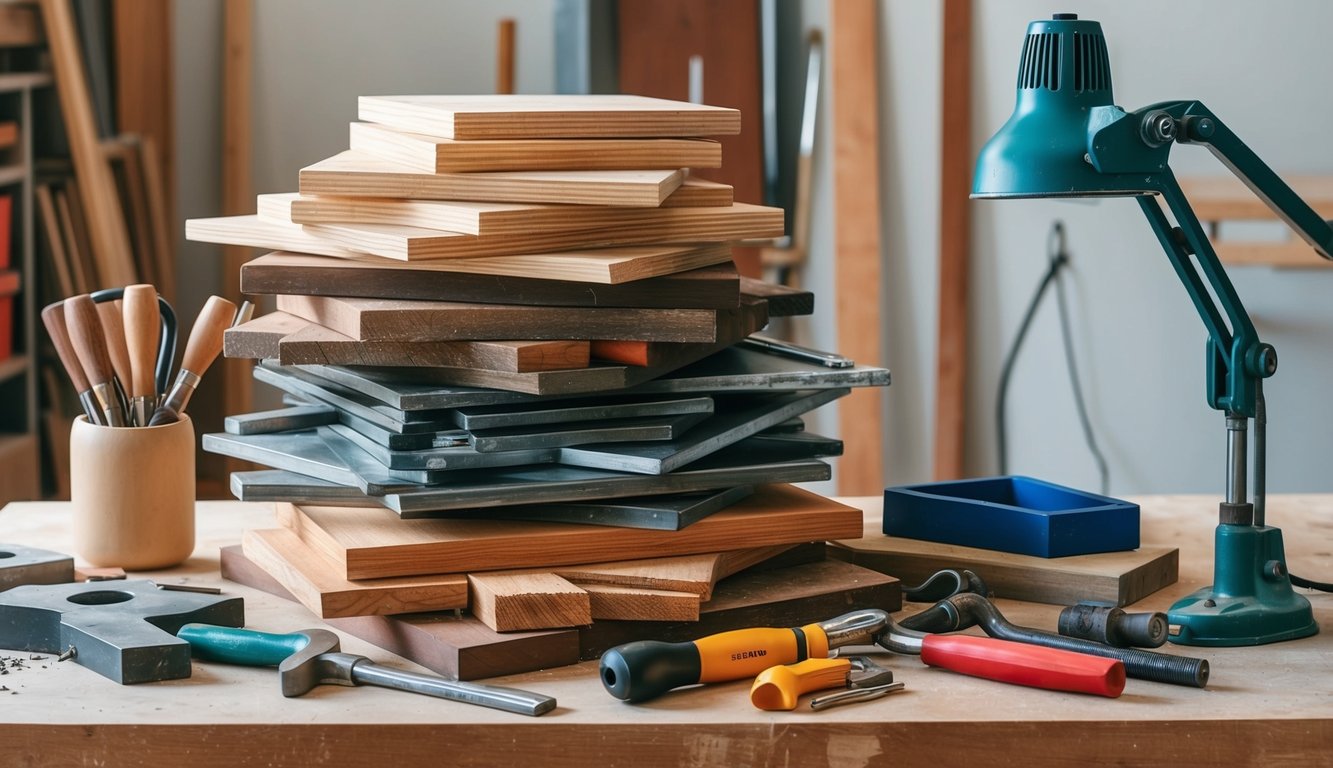 A pile of resources, including wood, metal, and tools, are neatly organized on a workbench