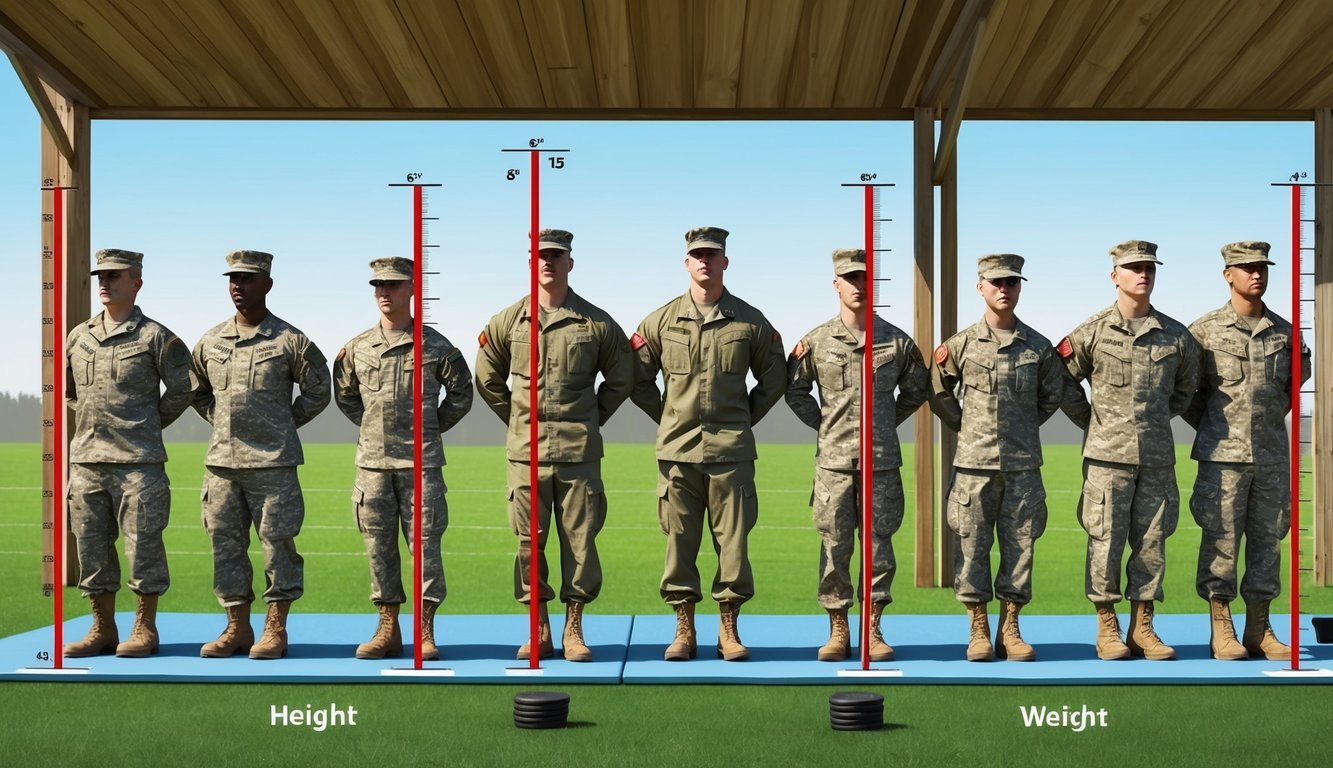 Soldiers lined up for height and weight measurements at an outdoor fitness testing site