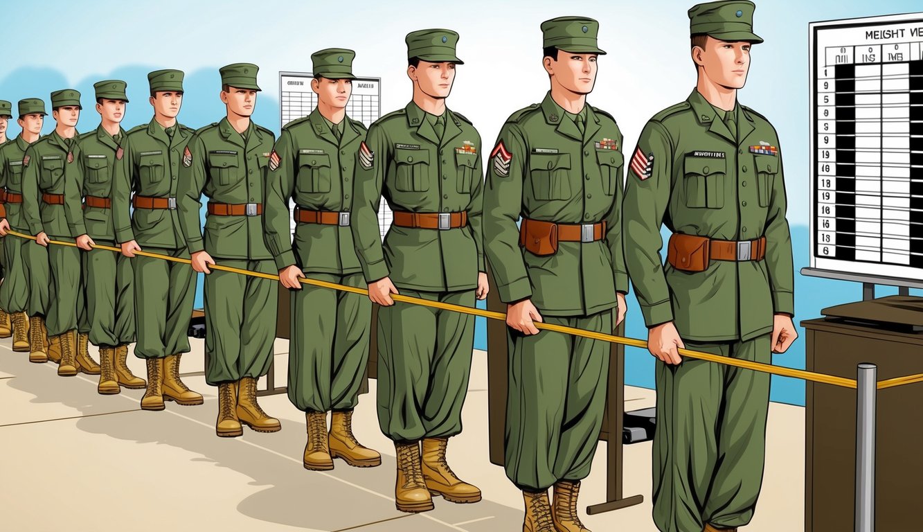 Soldiers in uniform standing in line for height and weight measurements, with a chart or scale visible in the background