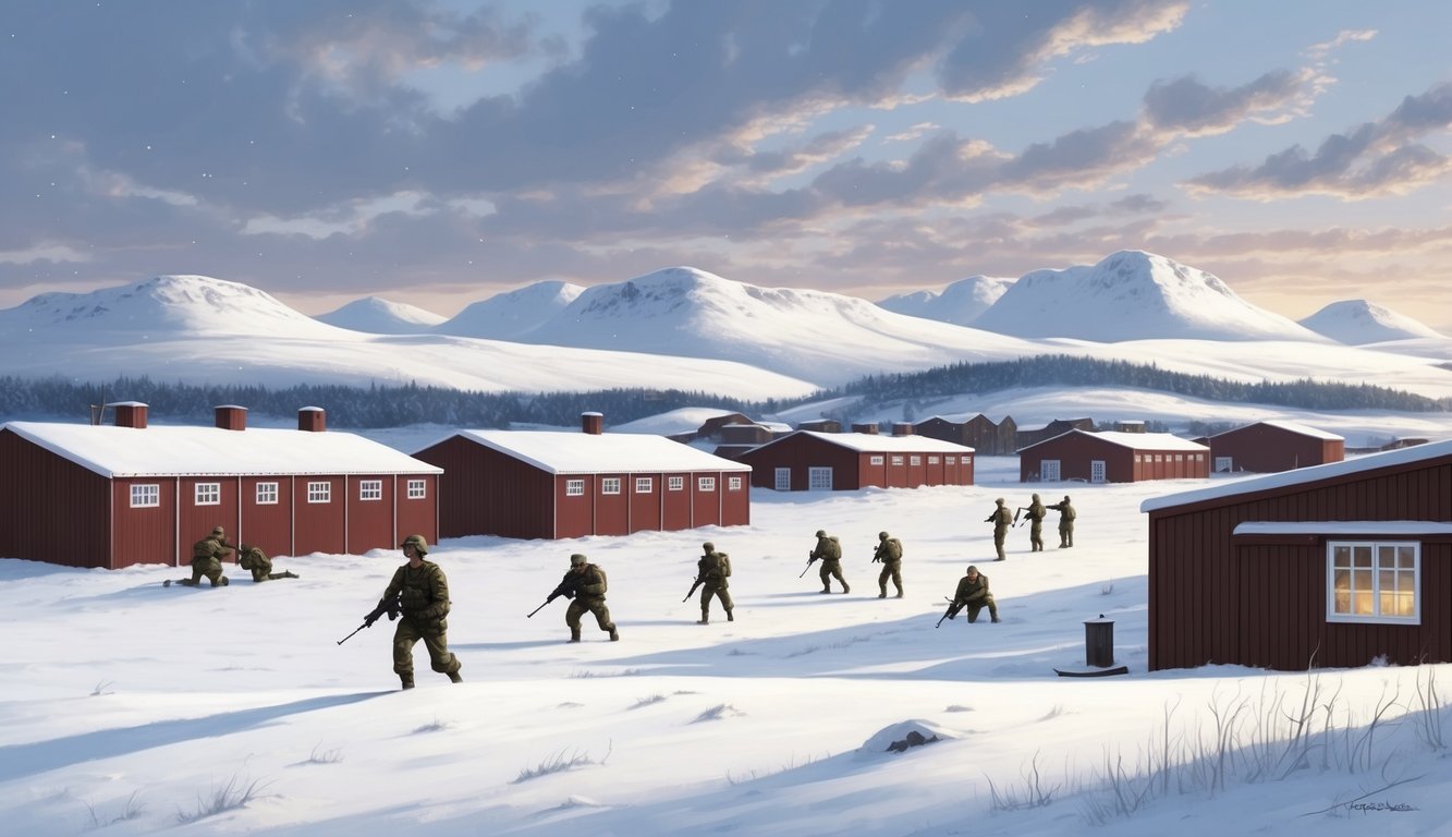 A snowy landscape with Norwegian military barracks and soldiers training in the distance