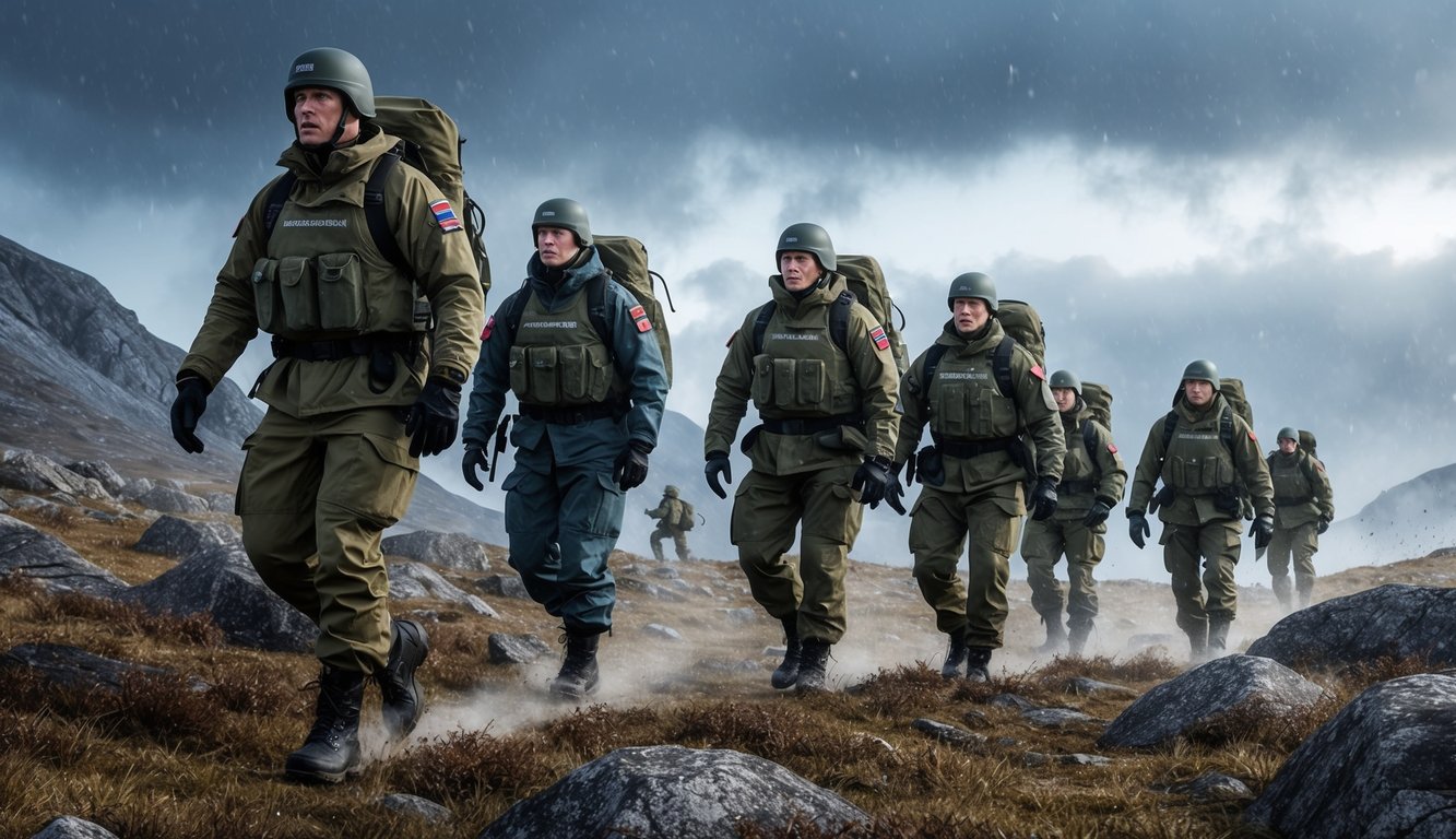 A group of Norwegian military personnel navigating through rugged terrain and adverse weather conditions during a training exercise