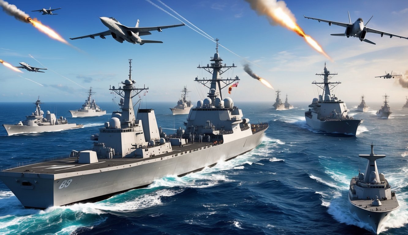 A modern naval battle with warships, aircraft, and missiles engaged in combat over the ocean