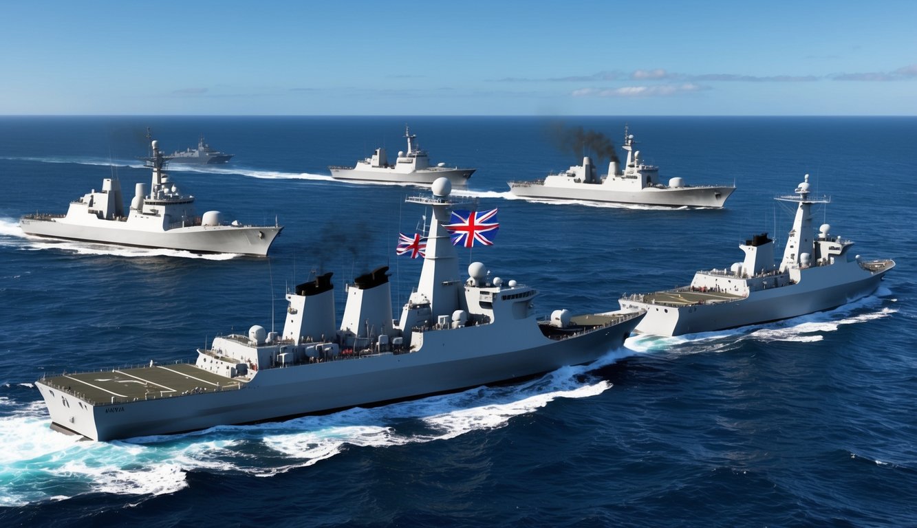 A modern naval conflict at sea, with warships from the UK and Argentina engaged in battle near the Falkland Islands