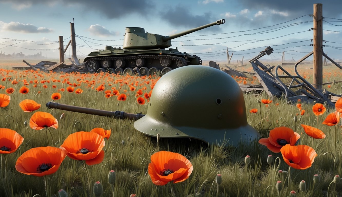 A soldier's helmet lies abandoned in a field of poppies, surrounded by the remnants of war - a shattered tank, barbed wire, and a desolate landscape