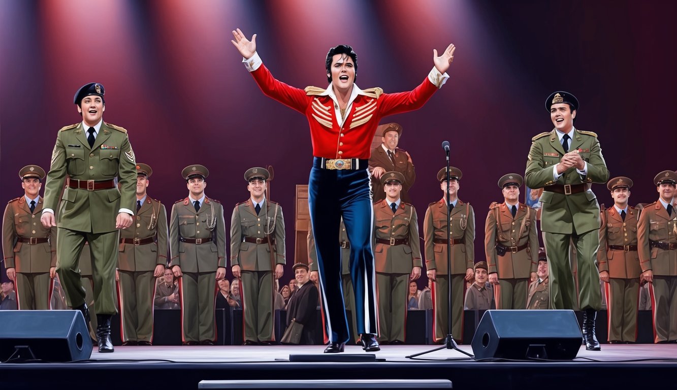 Elvis performing on stage with adoring fans, military uniforms in the background