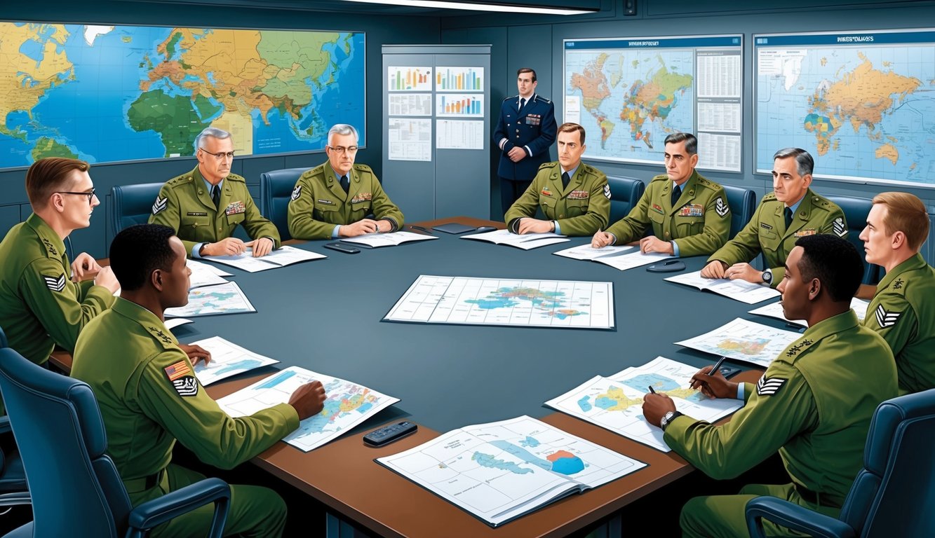 A group of military officials discussing and strategizing in a war room, with maps and charts spread out on a large table