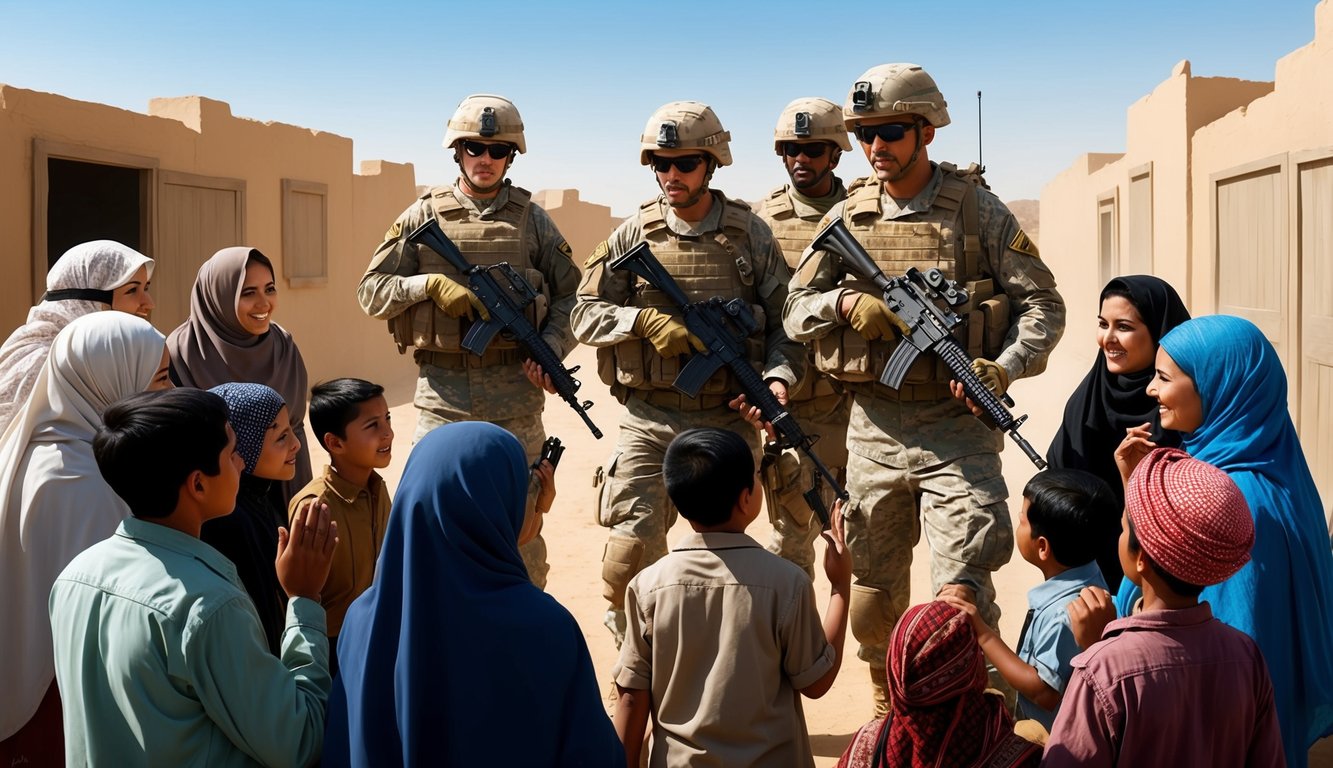 A group of soldiers surrounded by curious locals in Iraq