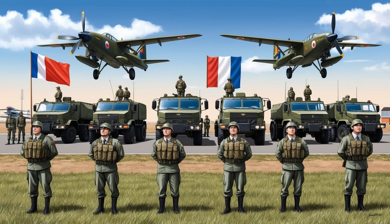 A group of military vehicles and aircrafts lined up in formation, with soldiers standing at attention in front of a Dutch flag