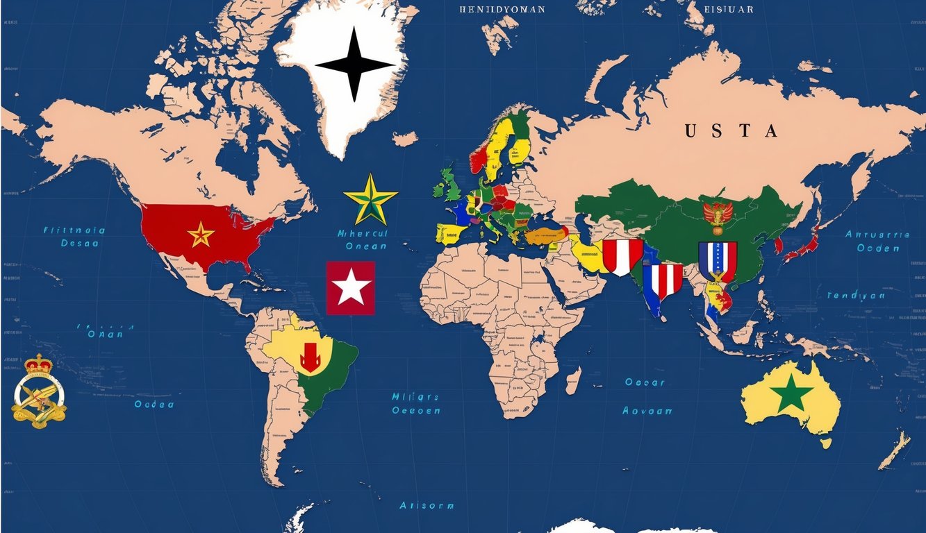 Military symbols of major powers displayed on a world map