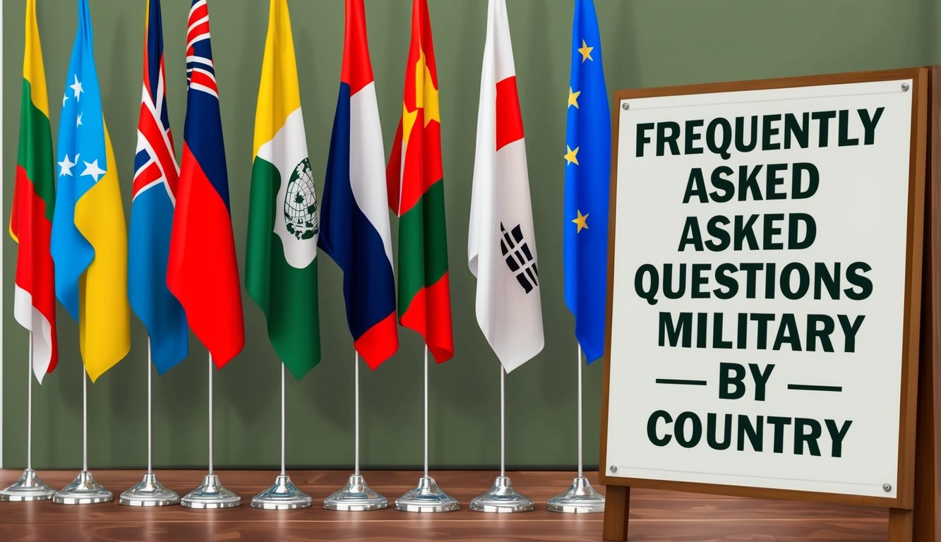 A row of flags representing different countries, with a sign displaying "Frequently Asked Questions military by country" in a military-themed setting