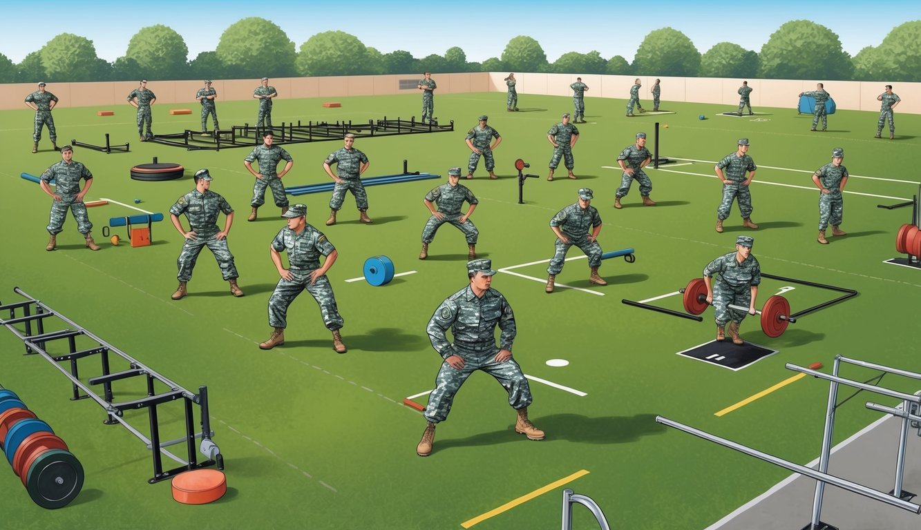 A group of soldiers perform various physical exercises in a military training ground, with equipment such as obstacle courses and weightlifting stations