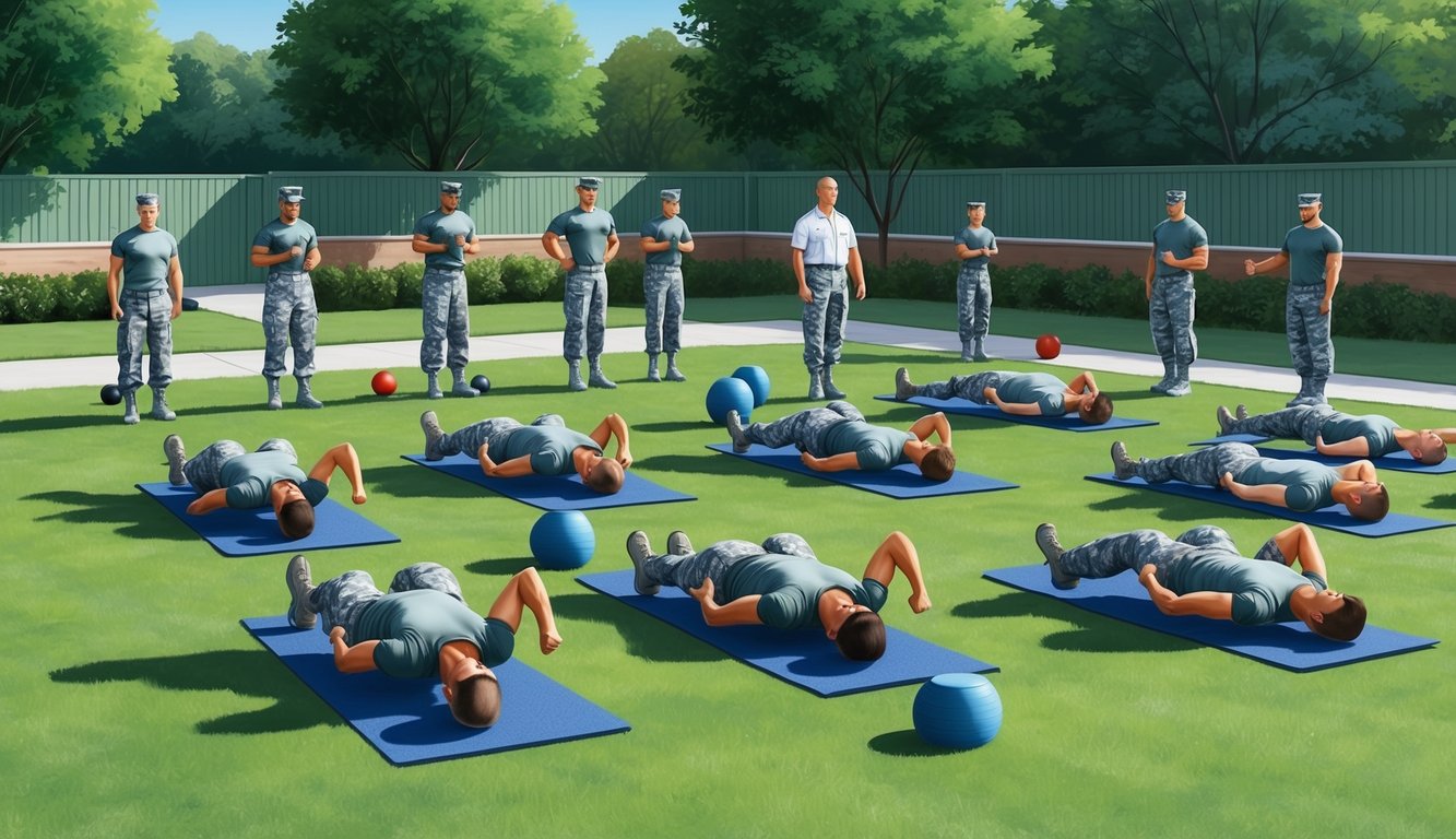 A group of military personnel perform various fitness exercises on a well-maintained training ground under the supervision of a knowledgeable instructor